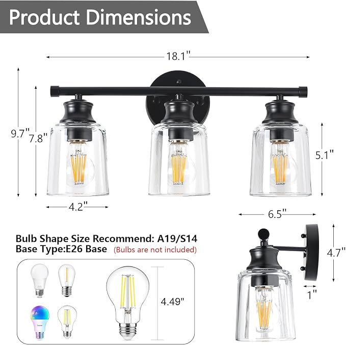 Bathroom Light Fixtures Over Mirror, 3 Lights Vanity Lights with Clear Glass Shade, 18.1" Matte Black Farmhouse Bathroom Wall Light Fixtures for Bedroom, Porch, Hotel, Mirror Cabinet