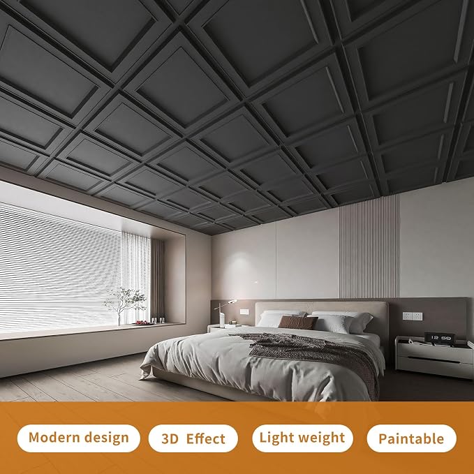 WOWSTAR 12-Pack 24"x24" Drop Ceiling Tiles, Waterproof Glue up Ceiling Panels, Modern Style 3D Wall Panels, Black | PVC ceiling panels, 24"x24", waterproof, glue-up install, basement kitchen bathroom, 12-pack, set D