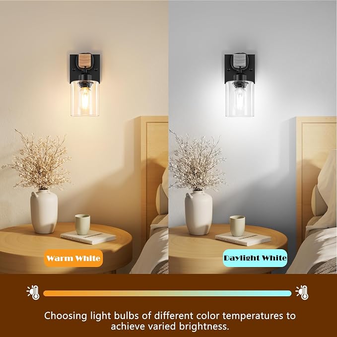 Set of 2 Wall Sconces for Bathroom, Farmhouse 1-Light Matte Black Bathroom Vanity Light with Clear Glass Shades, Indoor Wall Mount Lighting Fixtures for Bedroom Living Room Mirror Kitchen
