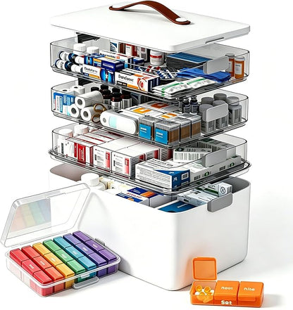 MOPUP 4-Tier Medicine Craft,Sewing,Art,Organizer Storage,Portable Latch Bin with Lid and Leather Handle,Pill Bottle, First Aid,Comes with a 7-Day Pill Organizer,A Household Essential