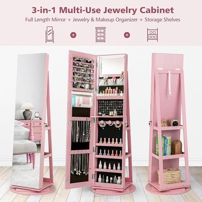 CHARMAID 360° Swivel Jewelry Armoire with Full Length Mirror, Rear Storage Shelves, Lockable Standing Jewelry Cabinet Organizer with Interior Vanity Mirror and 3-Color Lights (Pink)
