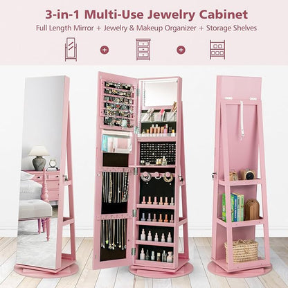 CHARMAID 360° Swivel Jewelry Armoire with Full Length Mirror, Rear Storage Shelves, Lockable Standing Jewelry Cabinet Organizer with Interior Vanity Mirror and 3-Color Lights (Pink)