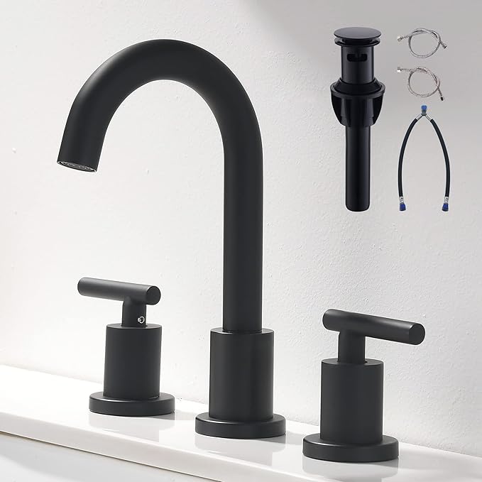 Two Handle Widespread Bathroom Sink Faucet - 3 Hole Vanity Faucet with Pop-Up Drain & cUPC Faucet Supply Lines, 8 Inch Black Bathroom Sink Faucet