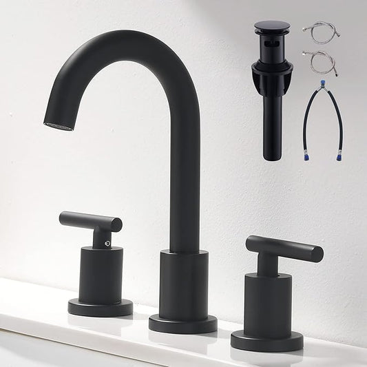 Two Handle Widespread Bathroom Sink Faucet - 3 Hole Vanity Faucet with Pop-Up Drain & cUPC Faucet Supply Lines, 8 Inch Black Bathroom Sink Faucet