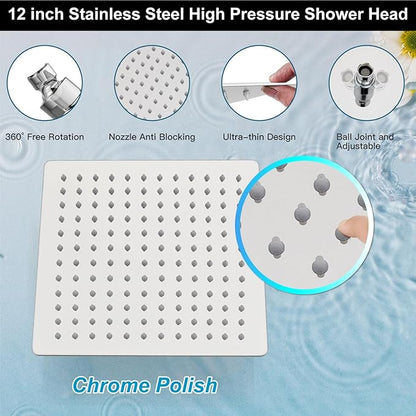 Midanya Shower Faucet Set,Wall Mount Shower System with Square Rain Shower Head and Hand Sprayer, Rough-in Valve Body and Trim Kit Included,12 Inch,Polish Chrome