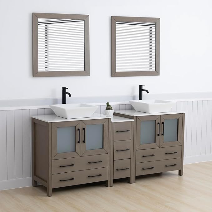 Vanity Art 72 Inch Vessel Double Sink Bathroom Vanity Cabinet with 2 Mirrors, Engineered Marble Top Bathroom Cabinet Compact Set with 7 Dovetail Drawers and Soft Closing Doors, VA3130-72DG