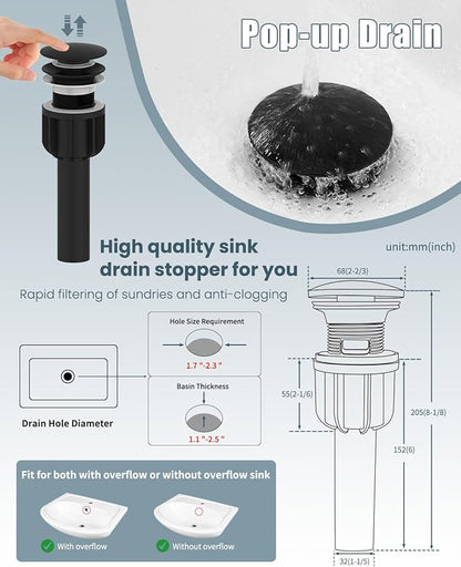 Bathroom Faucets Set with Pop Up Drain, Modern Single Handle Black Bathroom Sink Faucet w/Deck Plate(1 or 3 Hole), Farmhouse RV Vanity Sink Faucet-2 Sets, baño lavamanos Llave