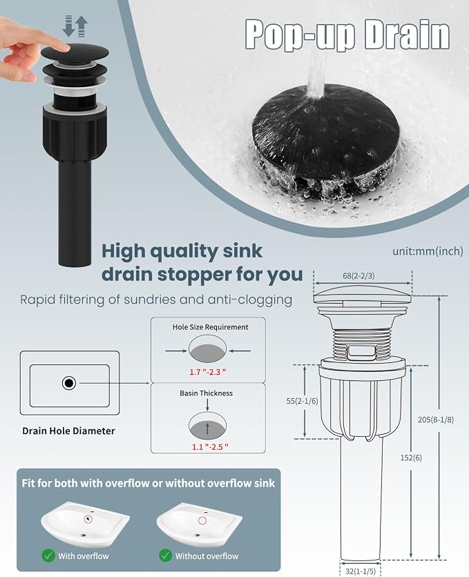 Bathroom Faucet Set with Pop Up Drain, Single Handle Black Bathroom Sink Faucet with Deck Plate, Farmhouse RV Vanity Faucets for Sink (1 Hole or 3 Holes)