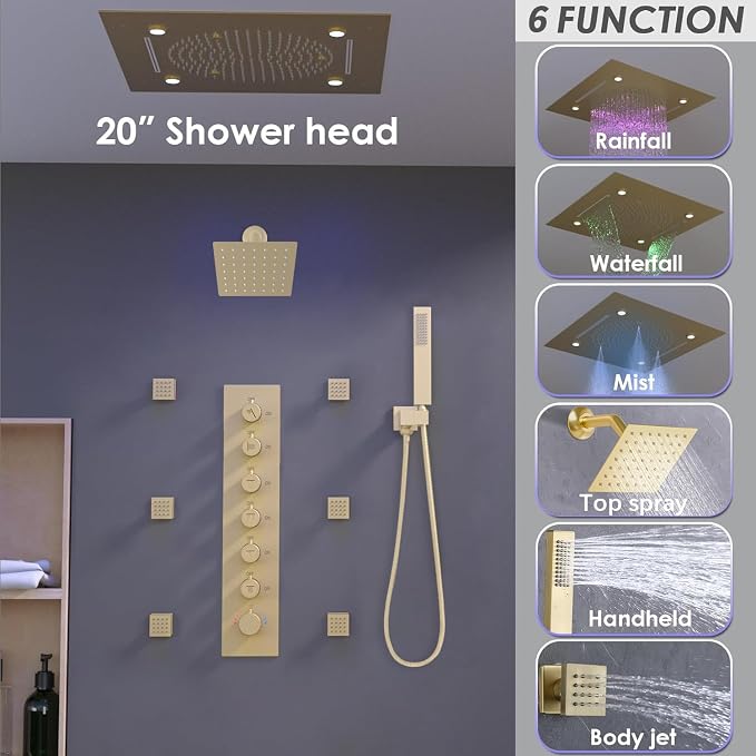 Enga Luxury Dual Shower Head System with Body Jets LED Thermostatic Shower System with 6 inch Wall Shower, 20-Inch 3 Function Shower Head (Rainfall & Mist & Waterfall), Brushed Gold