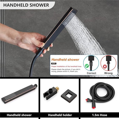 Midanya Shower Faucet Set,Wall Mount Shower System with Square Rain Shower Head and Hand Sprayer, Rough-in Valve Body and Trim Kit Included,16 Inch,Oil Rubbed Bronze