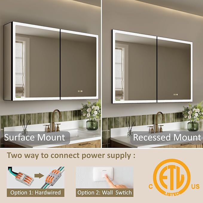 36x32 Inch Medicine Cabinet with Mirror, Recessed or Surface Mount Bathroom Medicine Cabinet with LED Lights, Anti-Fog, Adjustable Shelf, Dimmable Light, Outlets & USB, ETL Listed, Black