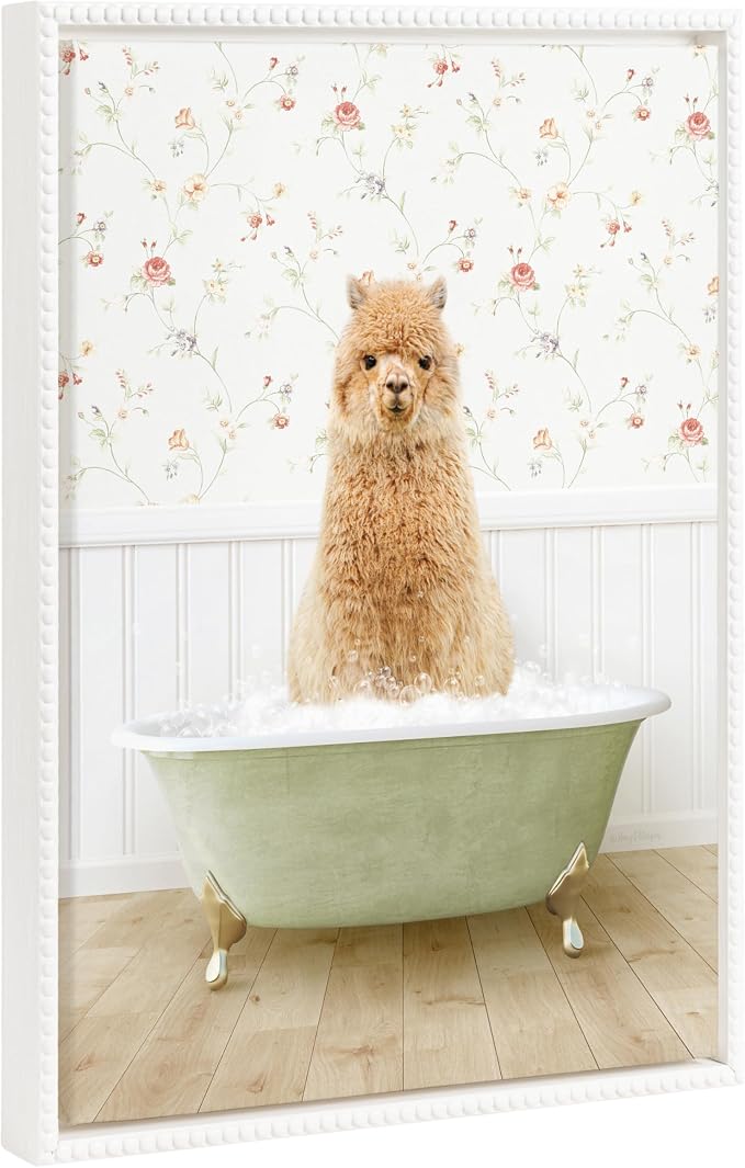 Kate and Laurel Sylvie Beaded Baby Golden Alpaca in Country Cottage Bath Vintage Framed Canvas Wall Art by Amy Peterson, 18x24 White, Modern Fun Alpaca Bathtub Wall Art for Home Décor