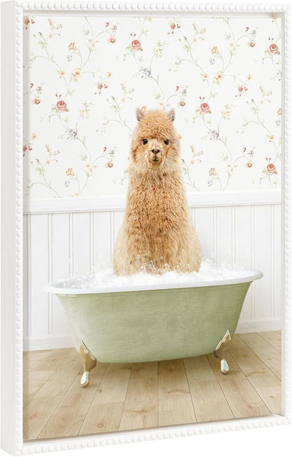 Kate and Laurel Sylvie Beaded Baby Golden Alpaca in Country Cottage Bath Vintage Framed Canvas Wall Art by Amy Peterson, 18x24 White, Modern Fun Alpaca Bathtub Wall Art for Home Décor