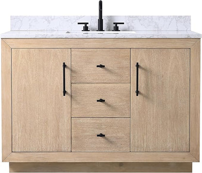 HOMEBEYOND 48 Inch Bathroom Vanity with Single Sink & Ceramic Top, MDF Material Vanity Cabinet with Basin Combo, Soft-Closing Doors, Removable Shelf, Backsplash