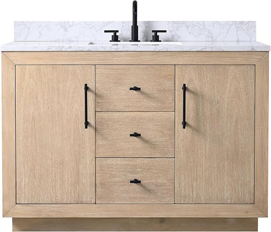 HOMEBEYOND 48 Inch Bathroom Vanity with Single Sink & Ceramic Top, MDF Material Vanity Cabinet with Basin Combo, Soft-Closing Doors, Removable Shelf, Backsplash