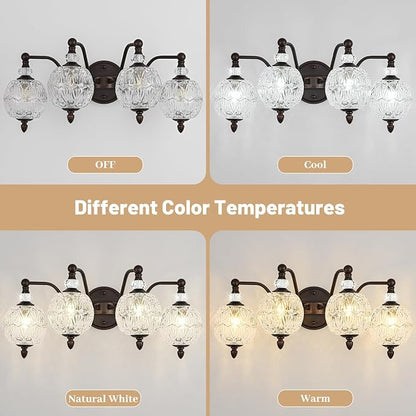 Vintage Bathroom Vanity Light, 4-Light Mid Century Oil Rubbed Bronze Finish Wall Sconce with Globe Glass Shades, Retro Mirror Light for Bathroom, Powder Room