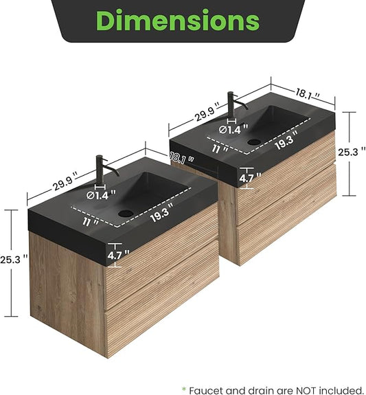 60" Floating Bathroom Vanity with Sink Combo, Modern Floating Double Sink Bathroom Vanity with Black Engineered Stone Tops & 4 Soft-Closing Drawers, Large Storage for Apartment, Hotel, Rough Oak