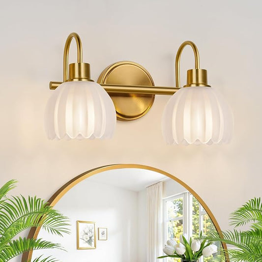 2-Light Bathroom Vanity Light, Brushed Gold Bathroom Light Fixtures with Ribbed Frosted Clear Tulip Glass Shades, Vanity Light Fixtures Over Mirror for Bedroom, Living Room, Hallway