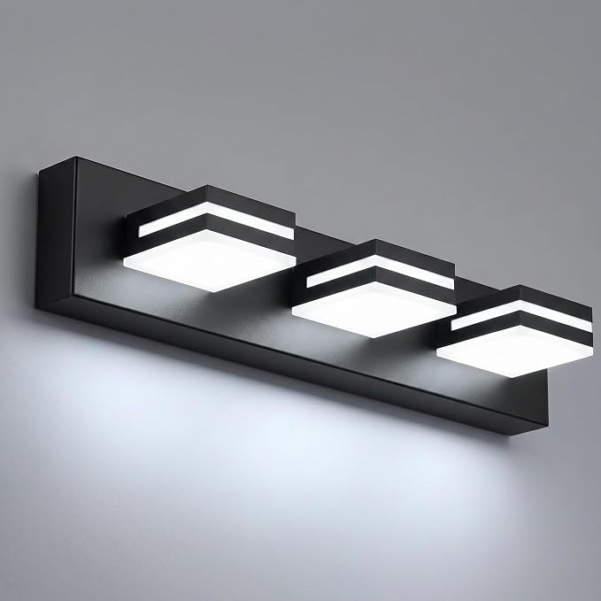 Black Modern LED Bathroom Vanity Light Fixtures over Mirror (22 in 3-Light) | Rotatable Heads, Dimmer Compatible, Wall Mount, Square Shape Design
