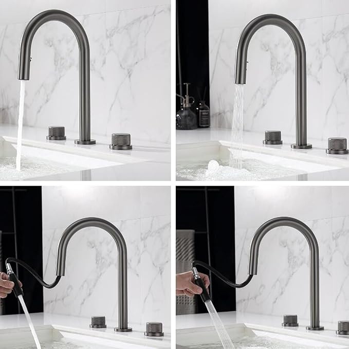 3 Hole Basin Mixer Faucet Pull Brass 3 Hole Bathroom Faucets Dual Mode 2 Handles-Grey