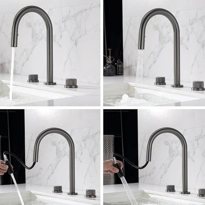 3 Hole Basin Mixer Faucet Pull Brass 3 Hole Bathroom Faucets Dual Mode 2 Handles-Grey