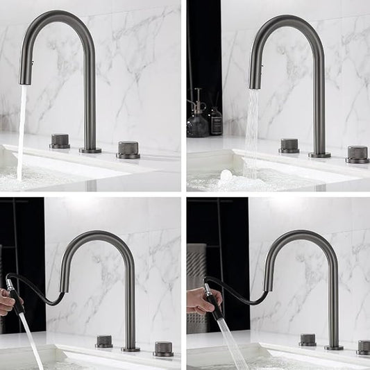 3 Hole Basin Mixer Faucet Pull Brass 3 Hole Bathroom Faucets Dual Mode 2 Handles-Grey