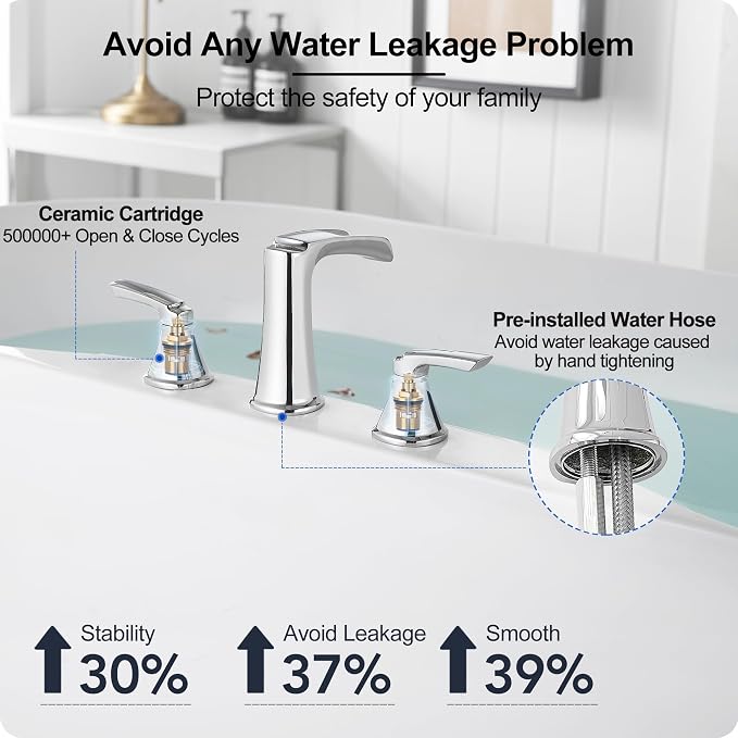 Widespread Waterfall Bathtub Faucet Set, Brass Chrome Roman Tub Faucet 3 Hole 8 Inch, 2 Handle Deck Mount with Supply Water Hoses for Garden Tub, Lifetime Use & 20 Mins Easy to Install