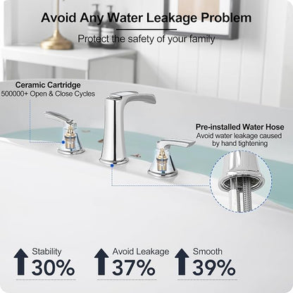 Widespread Waterfall Bathtub Faucet Set, Brass Chrome Roman Tub Faucet 3 Hole 8 Inch, 2 Handle Deck Mount with Supply Water Hoses for Garden Tub, Lifetime Use & 20 Mins Easy to Install