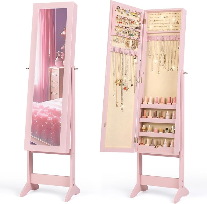 Giantex Jewelry Armoire with Full Length Mirror, Standing Jewelry Cabinet Organizer with 3 Tilting Angles, Bedroom Dressing Mirror with Large Storage for Earrings, Rings, Necklaces, Light Pink