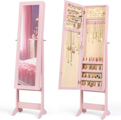 Giantex Jewelry Armoire with Full Length Mirror, Standing Jewelry Cabinet Organizer with 3 Tilting Angles, Bedroom Dressing Mirror with Large Storage for Earrings, Rings, Necklaces, Light Pink