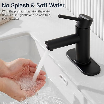 KPW Bathroom Sink Faucet Matte Black, Single Handle Stainless Steel Deck Mount, 1 or 3 Hole, with Pop-Up Drain with Overflow