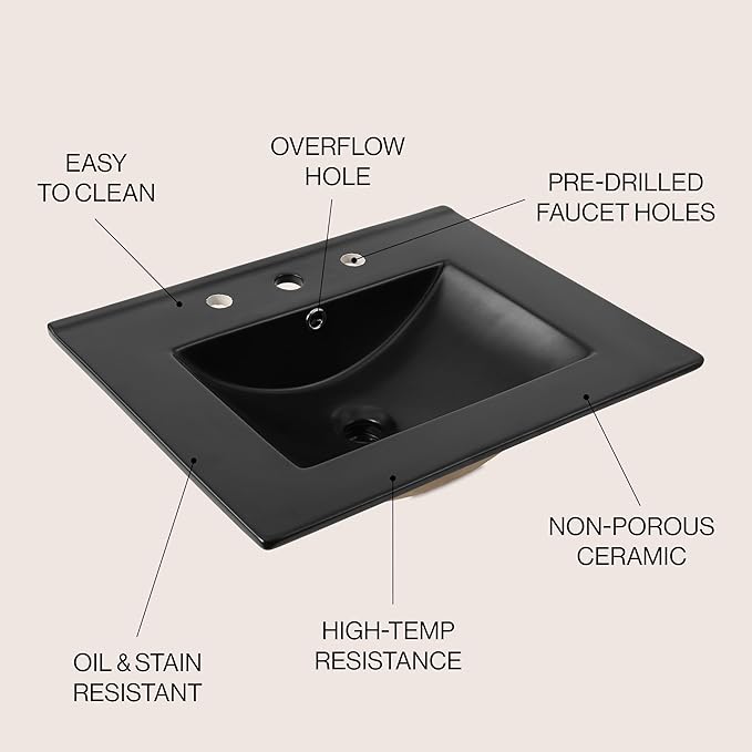 JONATHAN Y SNK1001B Ancillary 3-Hole 24 in. W x 18.25 in. D Classic Contemporary Rectangular Ceramic Single Sink Basin Vanity Top, Black