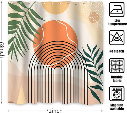 Mid Century Extra Long Shower Curtain, Abstract Boho Minimalistic Arch Sun Leaf Machine Washable Waterproof Fabric for Bathroom Bathtub with Hooks 72Wx78H