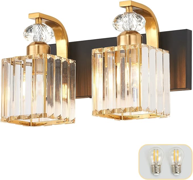 Modern Bathroom Vanity Light, 2-Light Black Gold Bathroom Lighting Fixtures Over Mirror, 12.6" Crystal Wall Light Sconce for Bathroom/Bedroom/Vanity, Includes LED Bulbs, Easy Installation