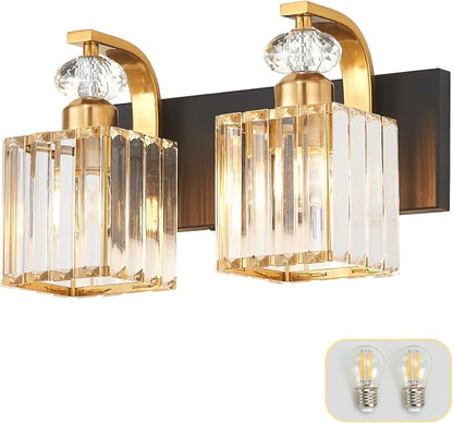 Modern Bathroom Vanity Light, 2-Light Black Gold Bathroom Lighting Fixtures Over Mirror, 12.6" Crystal Wall Light Sconce for Bathroom/Bedroom/Vanity, Includes LED Bulbs, Easy Installation