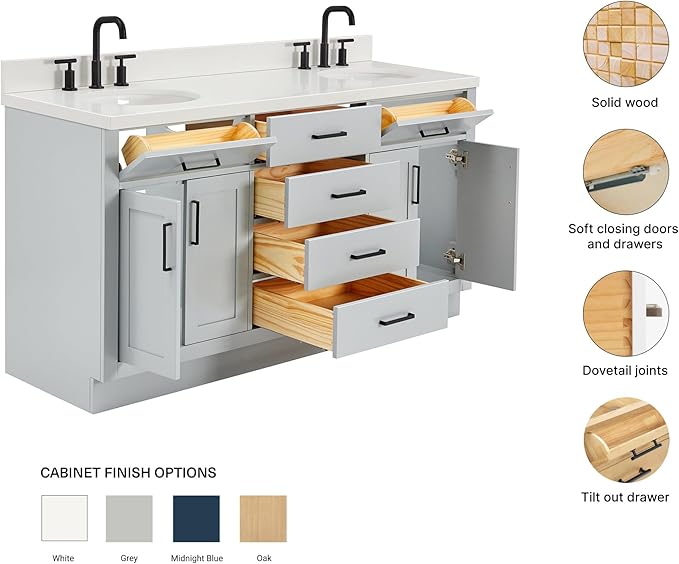 ARIEL Hepburn 66-inch Bathroom Vanity with Sink,Solid Wood, 1.5-inch Pure White Quartz Countertop & Backsplash, Double Oval Porcelain Sink, 4 Soft Closing Doors, 6 Dovetail Drawers, Grey