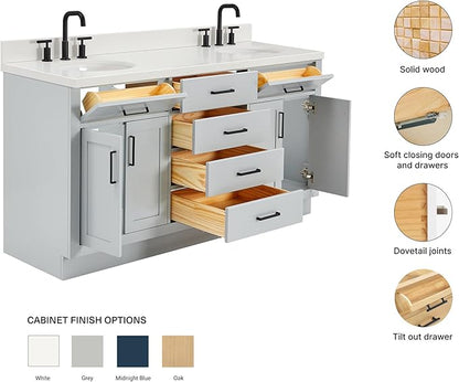 ARIEL Hepburn 66-inch Bathroom Vanity with Sink,Solid Wood, 1.5-inch Pure White Quartz Countertop & Backsplash, Double Oval Porcelain Sink, 4 Soft Closing Doors, 6 Dovetail Drawers, Grey