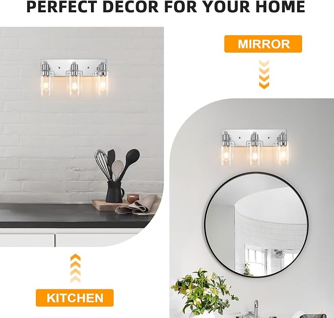 3 Lights Bathroom Light Fixtures Chrome Vanity Light with Clear Glass Shade 18in Modern Bathroom Lighting Fixtures Over Mirror for Bedroom/Living Room