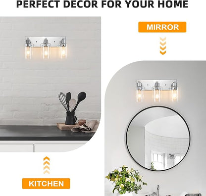 3 Lights Bathroom Light Fixtures Chrome Vanity Light with Clear Glass Shade 18in Modern Bathroom Lighting Fixtures Over Mirror for Bedroom/Living Room