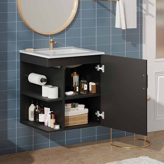 Merax Herringbone Single Sink Bathroom Vanity, Floating 20" Modern Bathroom Vanity Cabinet with Side Storage, Toilet Paper Holder, Solid Wood Cleat Wall Mount