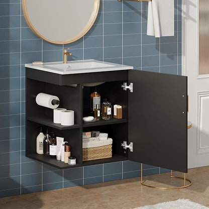 Merax Herringbone Single Sink Bathroom Vanity, Floating 20" Modern Bathroom Vanity Cabinet with Side Storage, Toilet Paper Holder, Solid Wood Cleat Wall Mount