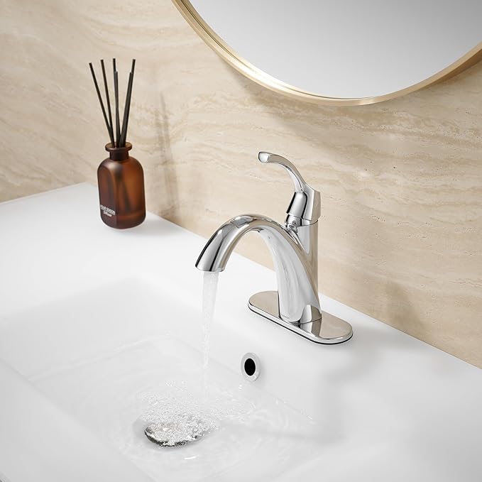 Chrome Bathroom Faucet, Single Handle Bathroom Sink Faucet for 1 Hole with 3 Holes Deck Plate, Lavatory Vanity Faucets, Pop Up Drain and Water Supply Lines Included, TAF206-CP