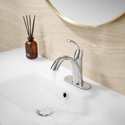 Chrome Bathroom Faucet, Single Handle Bathroom Sink Faucet for 1 Hole with 3 Holes Deck Plate, Lavatory Vanity Faucets, Pop Up Drain and Water Supply Lines Included, TAF206-CP