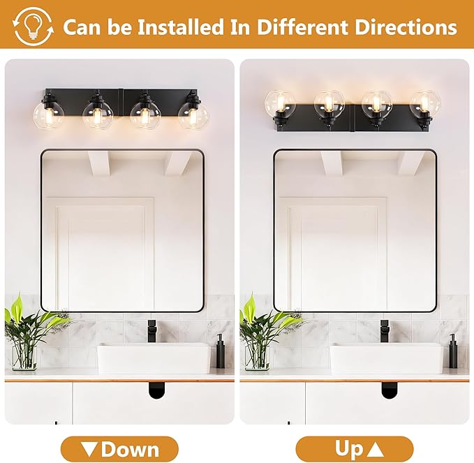 Bathroom Light Fixtures, 4-Light Matte Black Vanity Lights, Modern Bathroom Lighting Fixtures Over Mirror, Farmhouse Vanity Lights with Glass Shade for Living Room, Bedroom, Hallway