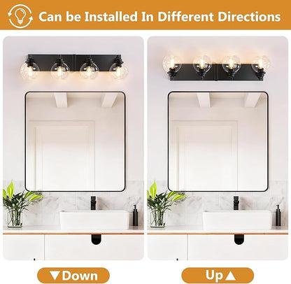 Bathroom Light Fixtures, 4-Light Matte Black Vanity Lights, Modern Bathroom Lighting Fixtures Over Mirror, Farmhouse Vanity Lights with Glass Shade for Living Room, Bedroom, Hallway