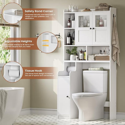 Itaar Over The Toilet Storage Cabinet, Over Toilet Bathroom Organizer with Glass Doors & Toilet Paper Holder Stand, Home Space-Saving Toilet Rack, for Bathroom, Restroom, Laundry(White)