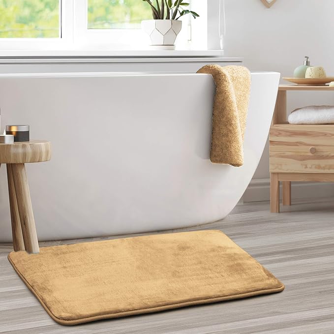 Clara Clark Bathroom Rugs, Velvet Memory Foam Bath Mat, Non-Slip, Machine Washable Bath Rugs - Dries Quickly, Ultra Soft Plush Bath Mats for Bathroom, 20 x 32, Camel Gold