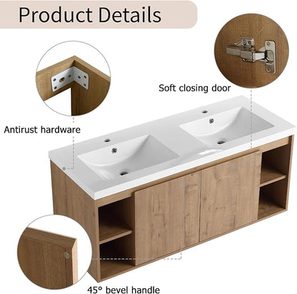Floating Bathroom Vanity, 48" Bathroom Storage Cabinet with Double Resin Sinks, 2 Soft-Close Doors & 4 Open Storage Shelves, Modern Wall-Mounted Vanity with 45° Bevel Handles, Oak