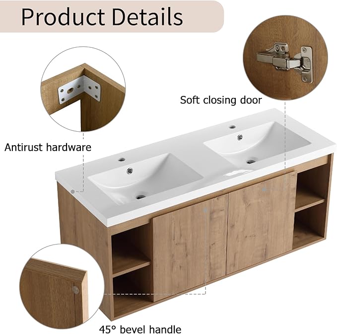 Floating Bathroom Vanity, 48" Bathroom Storage Cabinet with Double Resin Sinks, 2 Soft-Close Doors & 4 Open Storage Shelves, Wall-Mounted Vanity with Extra Three-Layer Spacious Shelves, Oak