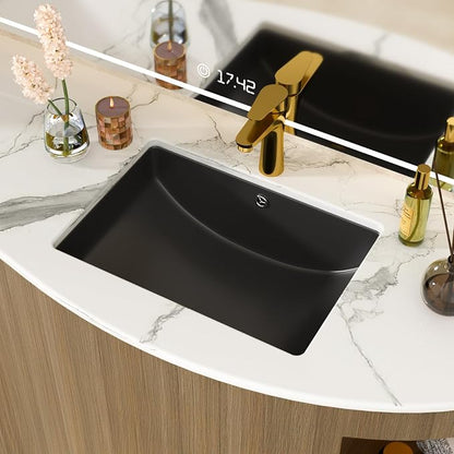 Black Undermount Bathroom Sink 21.1"x15.1"Ceramic Basin | Modern Porcelain Under Counter Bathroom Vanity Sink, Interior Bowl 19.2"x 13.1", Rectangular Undermount Basin with Overflow